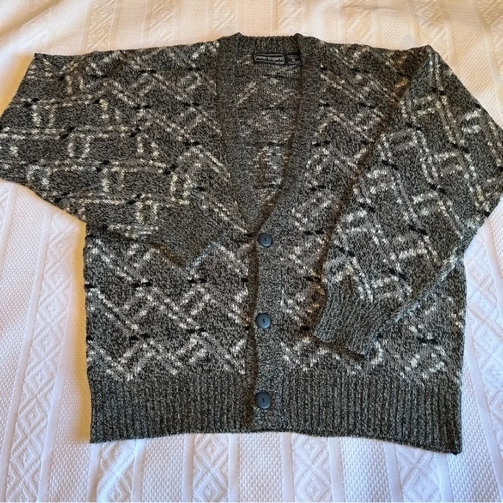 Vintage Men’s Peter England Black and Gray Grandpa Cardigan Sweater‎ Size Med